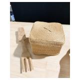 NESTING WOVEN BASKETS, CARVED WOODEN FORK