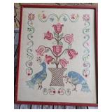 EMBROIDERED FOLK ART BIRD DESIGN FRAMED RED WOOD