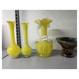YELLOW SWIRL GLASS HAND BLOWN VASES, CARNIVAL