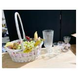 BASKET WITH PLASTIC FRUIT, VASES, WINE GLASSES
