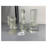 TWO GLASS PERFUME BOTTLES WITH STOPPERS, GOEBEL