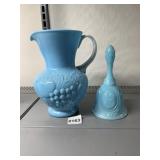 VINTAGE BLUE MILK GLASS VASE WHITE HANDLE,