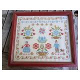 CROSS STITCH NUMBER SAMPLER FRAMED RED WOOD 16X14