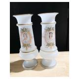 VINTAGE OPALINE GLASS VASES, HAND PAINTED WITH