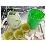 BUCKET, CERAMIC LANTERN; 3 PLANTERS; SHOE RACK;