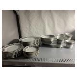 GOLD RIM FINE CHINA SERVICE FOR 7, SOME CHIPS ON