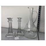 TWO CLEAR GLASS CANDLESTICK HOLDERS, CLEAR ETCHED
