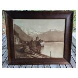 FRAMED SEPIA PHOTO 23 X 19 EUROPEAN LAKE MEDIEVAL