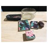 GLASS BOWL 3" H, PENCILS, NOTEBOOK, ADDRESS BOOK,