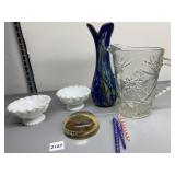 HEAVY GLASS PITCHER, GLASS ICICLE ORNAMENTS,