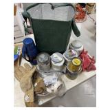 ASSORTED PAINTS, WORK GLOVES, RED RAGS