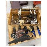 WOOD BOX W/ SAWS, TOOLS ETC.