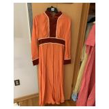 PEACH DRESS WITH BURGUNDY VELVET DETAIL AND
