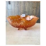 ORANGE CARNIVAL GLASS FOOTED RUFFLED EDGE BOWL