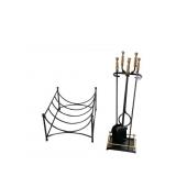 BRASS FIREPLACE TOOLS AND LOG HOLDER