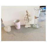 CLEAR GLASS VASE, ANTIQUE FIGURINE ETC.