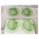 4 GREEN GLASS DIVIDED DEPRESSION PLATES