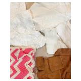 PINK/WHITE CROCHET BLANKET, CHAIR COVER