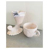PINK MILK GLASS CORNUCOPIA AND CUP