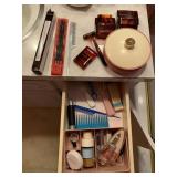 VINTAGE POWDER CONTAINER, HAIR PICKS, RAZOR, NAIL