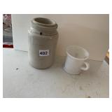 CROCK AND MILK GLASS CUP