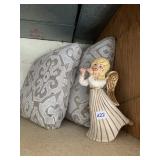 TWO MODERN CUSHIONS AND ANGEL STATUE
