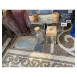 ASSORTED GLASS JARS AND BURGUNDY VASE