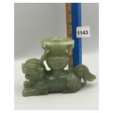 JADE CARVED FOO DOG LION WITH VASE/ CANDLE HOLDER