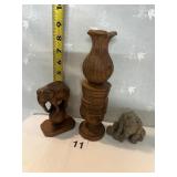 HAND CARVED WOOD VASE, CARVED WOOD ELEPHANT
