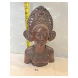 EXQUISITE HAND CARVED WOOD ASIAN BUST 13"H