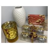 WHITE VASE, CANDLES, MIKASA DISH