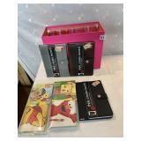 PINK FILING BOX WITH JOURNALS, STICKERS, ETC.