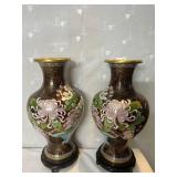 PAIR OF BRASS CLOISONNE VASES WITH WOOD STANDS