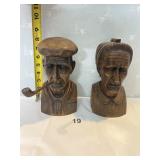 CARVED WOOD ELDERLY COUPLE BUSTS 8"H