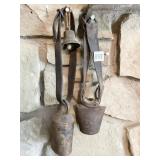 TWO ANTIQUE LEATHER STRAP COW BELLS, AND HAND