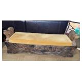 CARVED WOOD BENCH W/ GOLD VELVET ATTACHED CUSHION