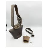 LARGE KETTLE BELL WITH LEATHER STRAP BELL IS 5