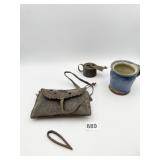 GLAZED POTTERY PITCHER, IRON KEITH, OIL LANTERN,