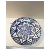 9.5" BLUE WHITE POTTERY PLATE SIGNED ON BACK