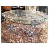 OVAL GLASS TOP IRON BASE COFFEE TABLE 34" W X