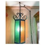 GLASS HANGING LIGHT FIXTURE GREEN AND AMBER GLASS