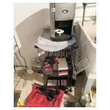 COFFEE MAKER, METAL STAND, CASSETTES, SHELVING