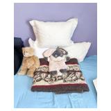 VINTAGE TEDDY BEAR BLANKET, THROW PILLOWS, TEDDY