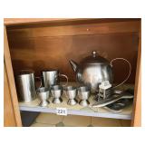 STAINLESS STEEL TEA POT, MUGS, EGG CUPS