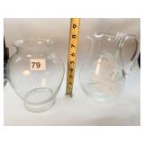 CLEAR VASE AND HAND PAINTED WATER PITCHER