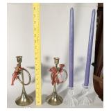 BRASS HORN CANDLE STICKS AND GLASS CANDLE STICKS