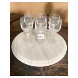 6 CRYSTAL WINE GLASSES AND MARBLE LAZY SUSAN