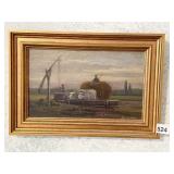 OIL ON CANVAS DEPICTING A FARM SCENE WITH CATTLE