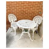 CAST ALUMINUM ROUND TABLE AND TWO CHAIRS