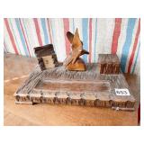 CARVED WOOD DESK SET AND CARVED WOOD BIRD